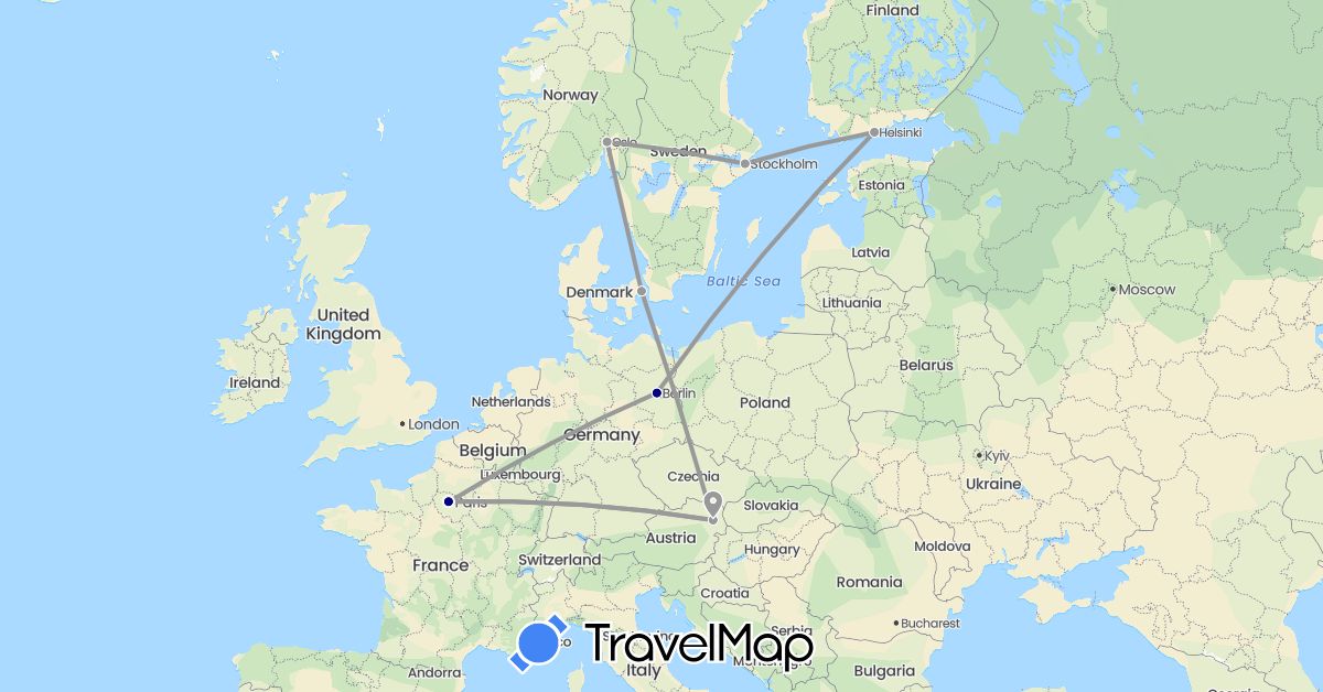 TravelMap itinerary: driving, plane in Austria, Germany, Denmark, Finland, France, Norway, Sweden (Europe)
